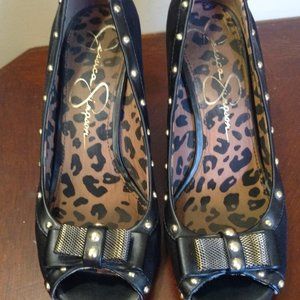 Jessica Simpson sz 7.5 Black suede, open toe, wedge, gold studded pumps